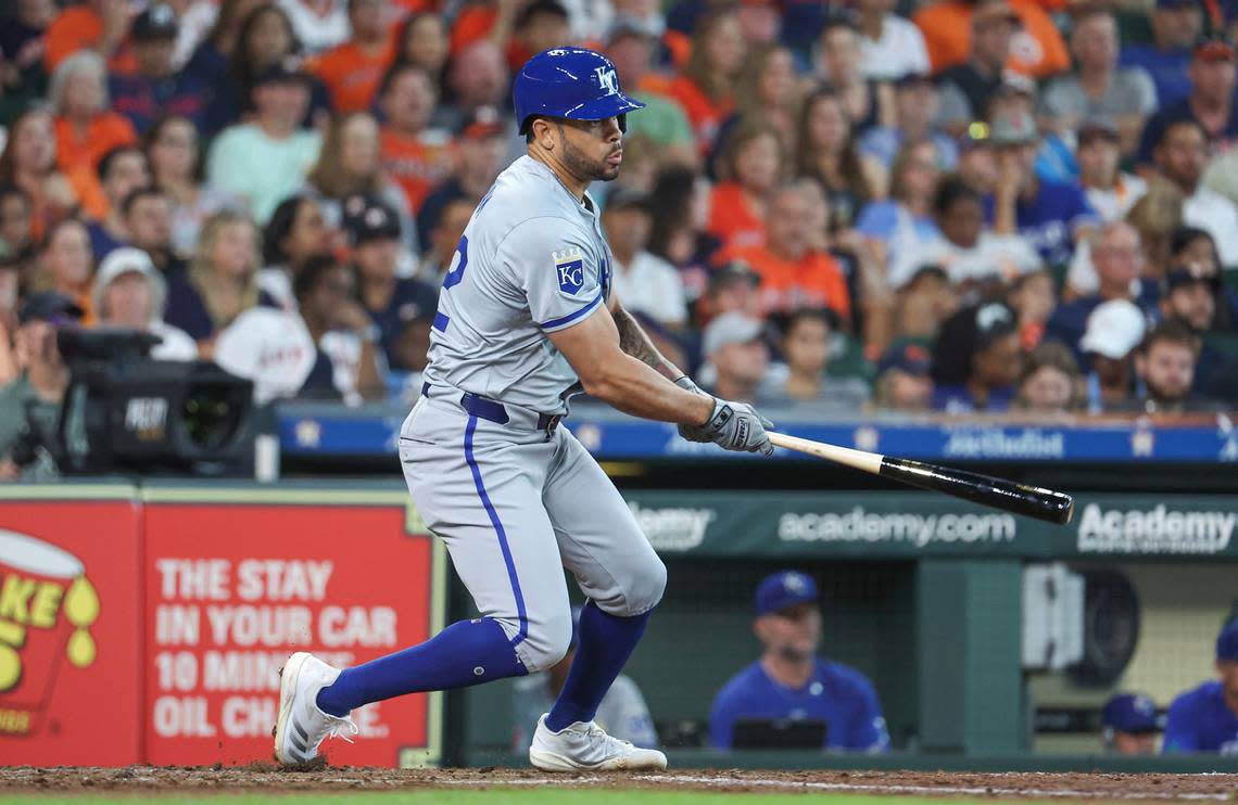 Kansas City Royals right fielder Tommy Pham (22) hits a single during the fifth inning against the Houston Astros at Minute Maid Park on Sep 1, 2024 in Houston, Texas, USA.