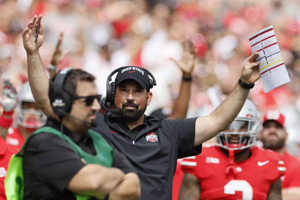 Ohio State head coach Ryan Day reacts to a referee's call against Youngstown State during the first half of an NCAA college football game Saturday, Sept. 9, 2023, in Columbus, Ohio. (AP Photo/Jay LaPrete)