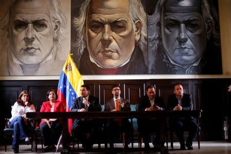 Freddy Guevara (3R), first vice president of the National Assembly makes declarations to the media at the National Assembly in Caracas, August 19, 2017. REUTERS/Andres Martinez Casares