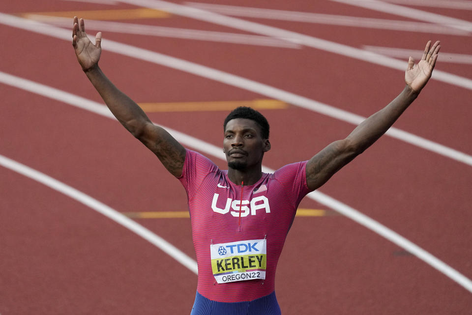 FILE - Fred Kerley, of the United States, celebrates after wining the final in the men's 100-meter run at the World Athletics Championships on Saturday, July 16, 2022, in Eugene, Ore. (AP Photo/Gregory Bull, File)