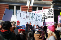 <p>A demonstrator holds up a sign during the “Not My President’s Day” rally on Central Park West in New York City on Feb. 20, 2017. (Gordon Donovan/Yahoo News) </p>