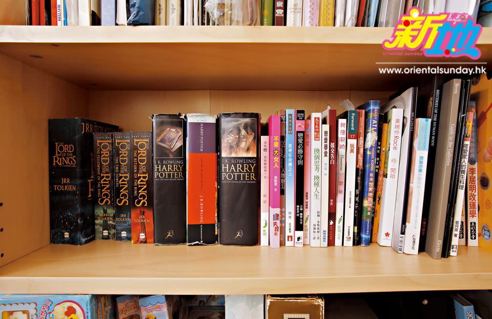 書房放滿Kelly鍾意睇的VCD和閱讀的書籍，其中包括J.R.R. Tolkien的經典長篇小說The Lord of Rings和Harry Potter等。