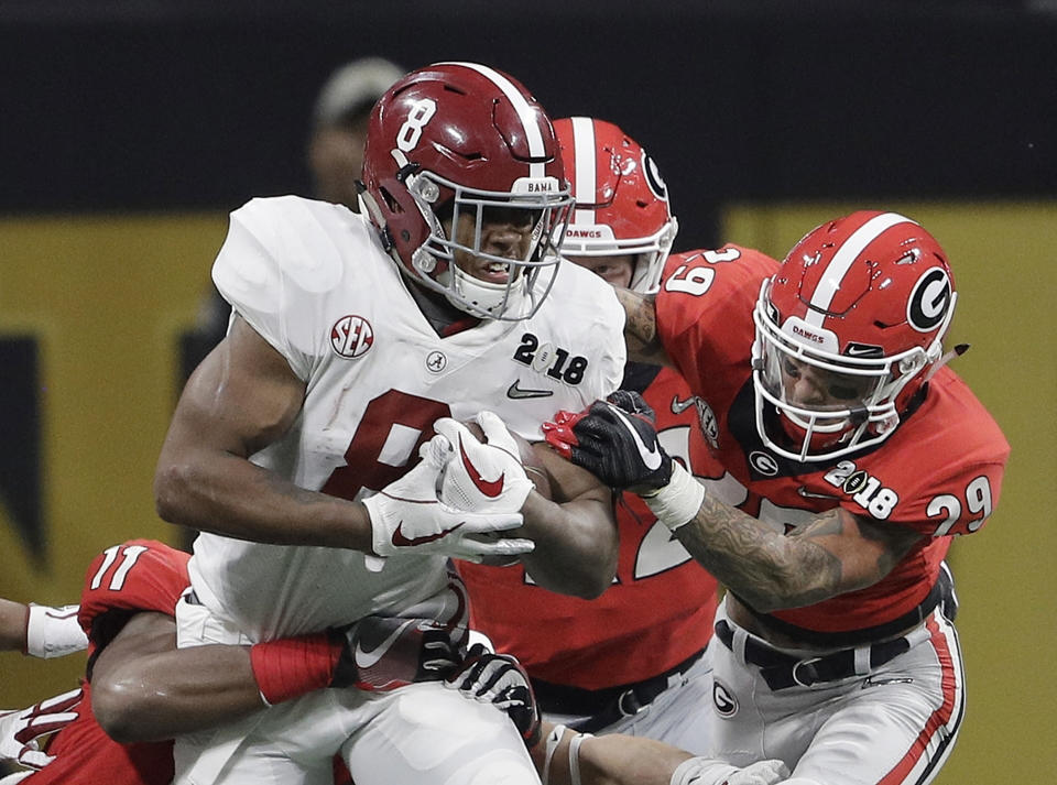 Alabama’s Josh Jacobs runs back a kick during the second half of the NCAA college football playoff championship game against Georgia Monday, Jan. 8, 2018, in Atlanta. (AP Photo/David J. Phillip)