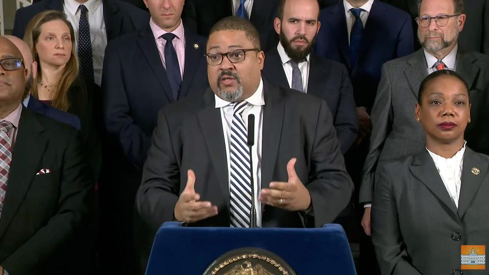 This photo provided by the NYC Office of the Mayor shows Manhattan district attorney Alvin Bragg speaking during a news conference, Monday, Nov. 21, 2022 in New York.