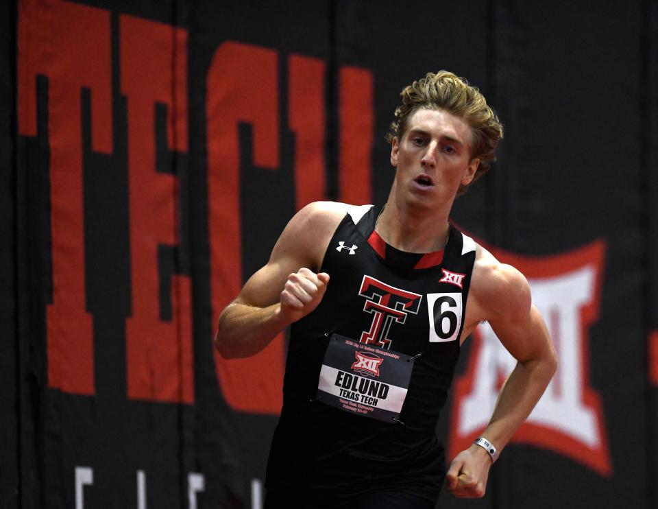 Texas Tech's Oskar Edlund, pictured at a 2023 home meet, anchored the Red Raiders' first-place 1,600-meter relay on Saturday at the Big 12 outdoor track and field championships in Waco. The team of Carl Hicks, Charlie Bartholomew, Shaemar Uter and Edlund ran a season-best 3 minutes, 3.09 seconds, helping Tech finish second in the team standings to Texas.