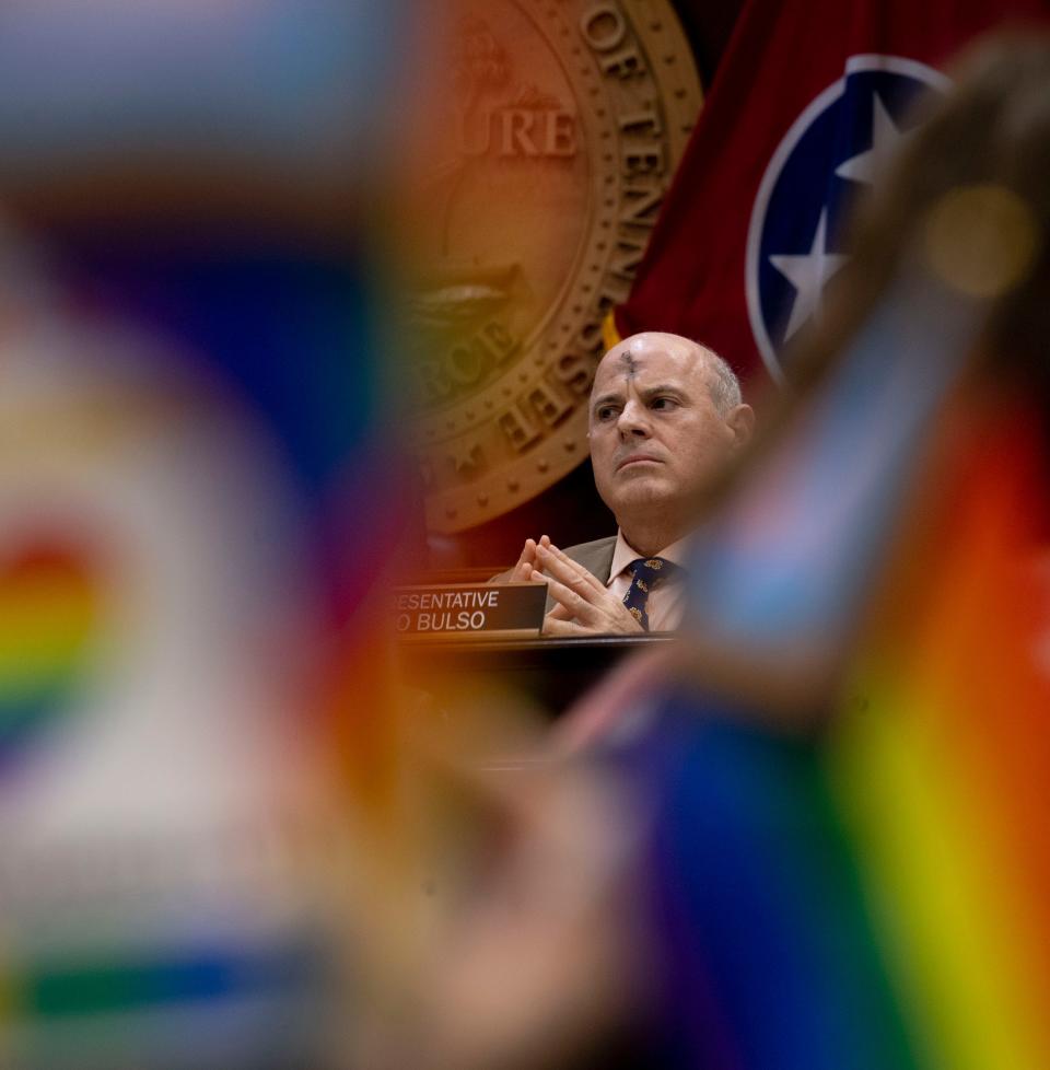 Rep. Gino Bulso, R- Brentwood listens during a House committee meeting where a bill which prohibits publicly-funded schools from displaying certain political flags, was discussed on Wednesday, Feb. 14, 2024 at Cordell Hull State Office Building in Nashville.