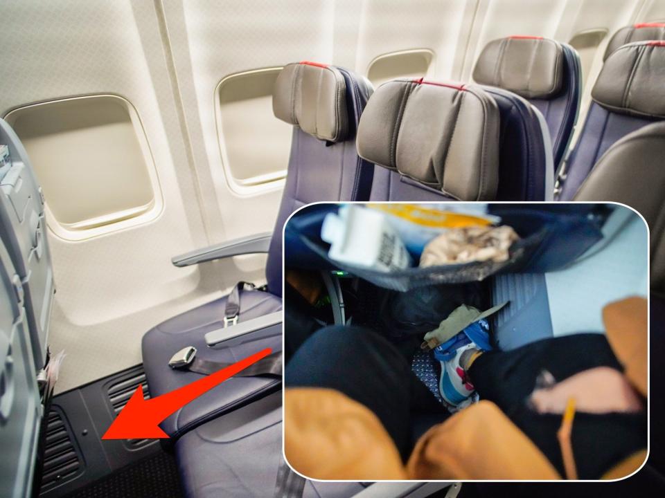 Arrow points to crammed seat pitch on a flight