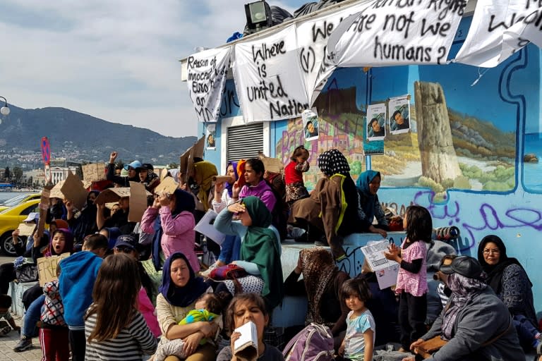 A protest by migrants on Lesbos in April. The conditions they live in are reaching crisis proportions according to a UN official