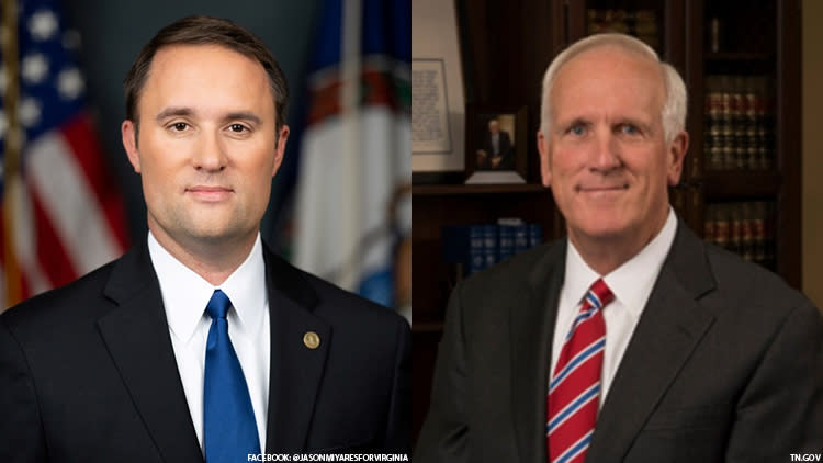 Virginia attorney general Jason Miyares and Tennessee attorney general Herbert Slattery (right).