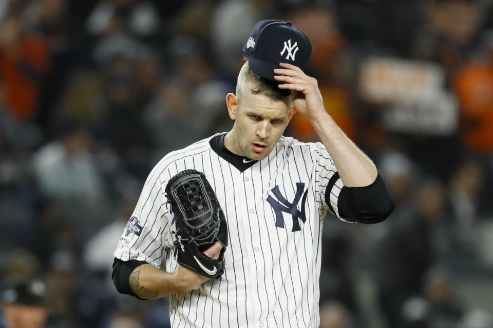 FILE - In this Oct. 18, 2019, file photo, New York Yankees starting pitcher James Paxton reacts after walking Houston Astros' Michael Brantley during the first inning in Game 5 of baseball's American League Championship Series in New York. Paxton has had back surgery and is expected to be sidelined until May or June. (AP Photo/Matt Slocum, File)