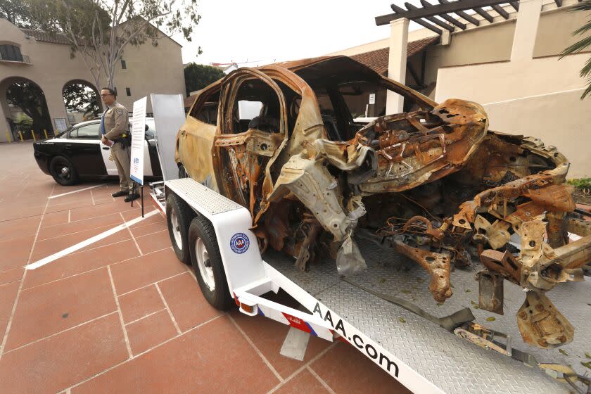 Los Angeles, California-March 31, 2022-The Auto Club and California Highway Patrol hold a news event at The Auto Club to raise awareness about the dangers of distracted driving on April 4, 2022. In January of 2020, the driver of this 2019 Buick Encore (car shown here) was on Highway 46 in Paso Robles when she crashed into a tree. The driver survived but admitted to police that she was texting with her sister prior to the collision. The car burst into flames and the driver had to climb out of the burning wreckage. According to the National Highway Traffic Safety Administration, 3,138 people died in distracted-related crashes in the U.S. in 2020. (Carolyn Cole / Los Angeles Times)