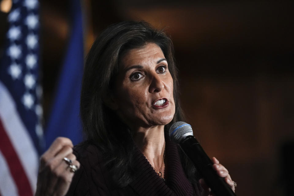 FILE - Republican presidential candidate former UN Ambassador Nikki Haley speaks during a campaign event in Hollis, N.H., on Jan. 18, 2024. Black voters support the reelection of President Joe Biden at a surprisingly low level, according to recent AP polling. For Republican strategists and former President Donald Trump, that's an opportunity to make inroads into the Democratic Party's most loyal voting bloc. However, Trump is hardly moderating his rhetoric on race as he quickly becomes the GOP's dominant presidential front-runner. Just this month, he mocked Republican rival Nikki Haley's birth name, repeatedly referred to the American-born daughter of immigrants from India as "Nimbra." (AP Photo/Matt Rourke, File)