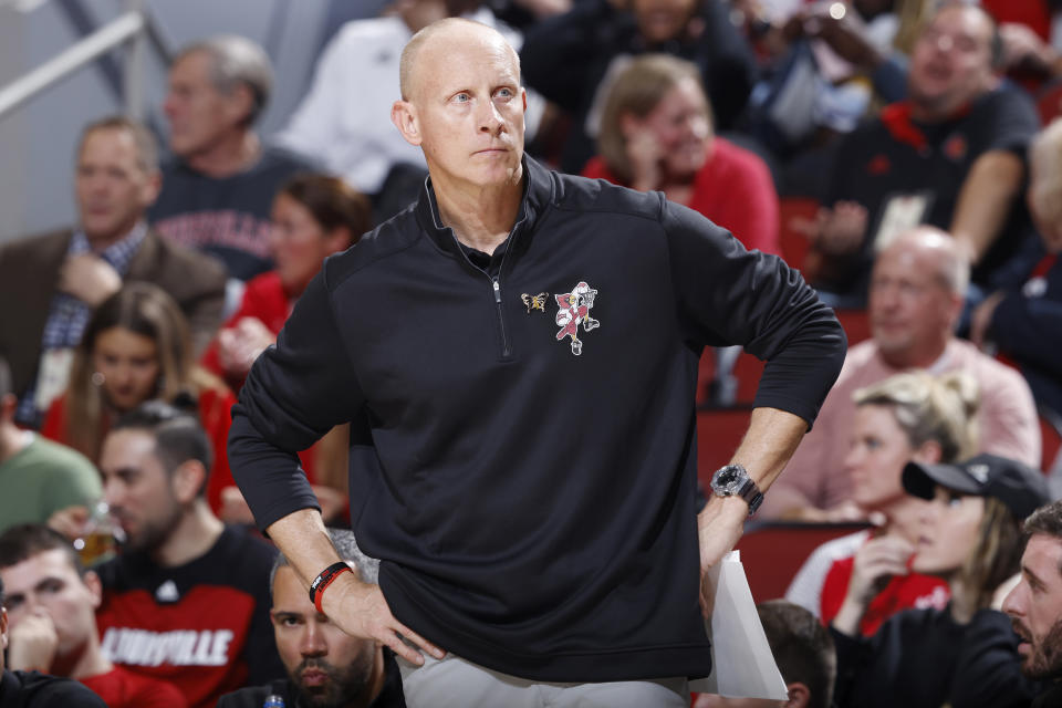 LOUISVILLE, KY - DECEMBER 10: Louisville Cardinals forward head coach Chris Mack looks on during a college basketball game against the DePaul Blue Demons on Dec. 10, 2021 at KFC Yum! Center in Louisville, Kentucky. (Photo by Joe Robbins/Icon Sportswire via Getty Images)