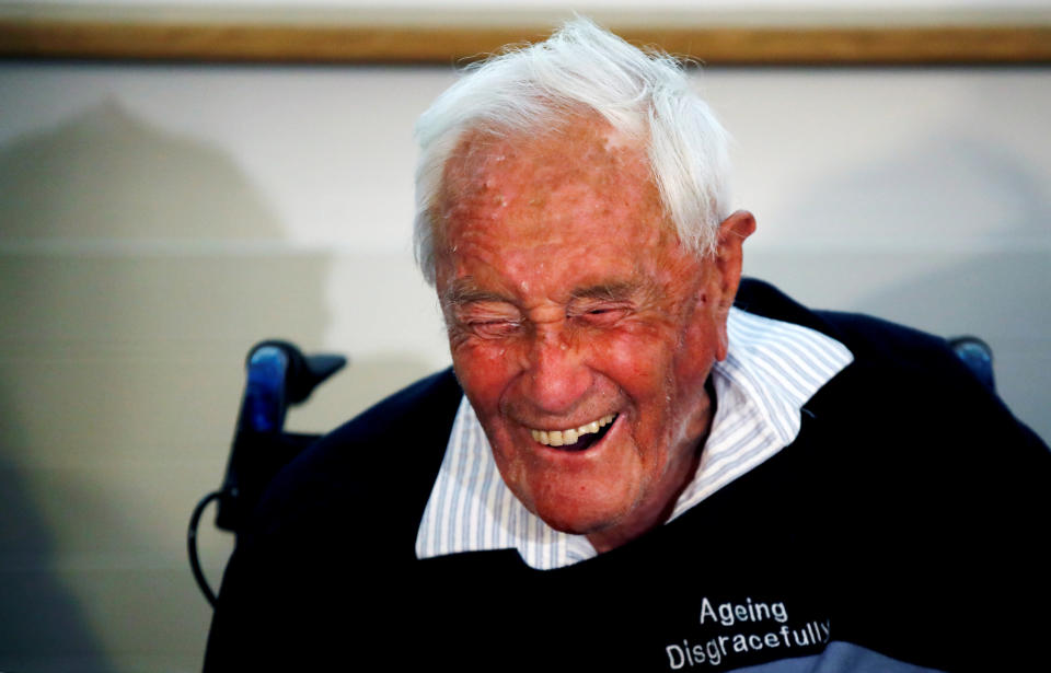 Professor David Goodall, 104, reacts during a news conference a day before his death by voluntary euthanasia. Source: REUTERS