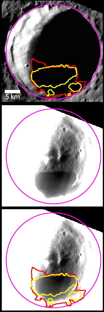 The top image shows a view of Berlioz crater, with the areas that contain radar-bright material marked in yellow and persistent shadows marked in red. The middle image, acquired a few hours later, shows details within the shadowed crater. A dis