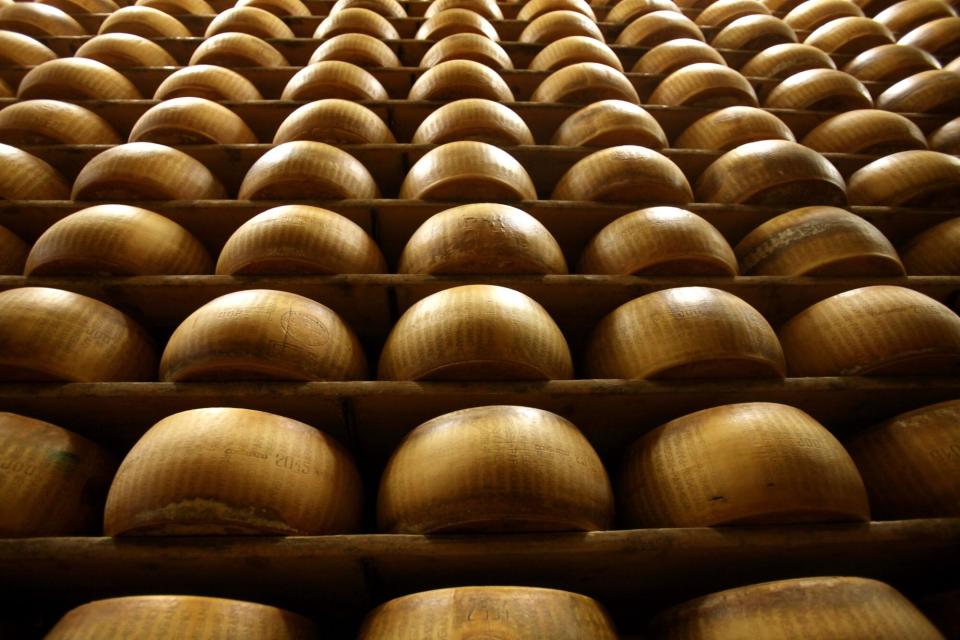 Wheels of Parmigiano-Reggiano (Parmesan) cheese, all made in the traditional method