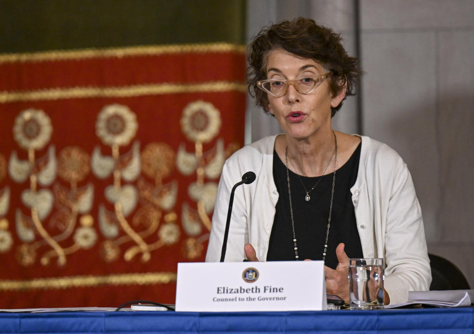 Elizabeth Fine, counsel to New York Gov. Kathy Hochul speaks to reporters in the Red Room at the state Capitol Friday, July 1, 2022, in Albany, N.Y. (AP Photo/Hans Pennink)