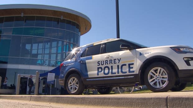 Darlene Bennett said she filed an application with Elections BC seeking a binding referendum vote on whether the Surrey Police Service should replace the Surrey RCMP. This photo shows a mock-up of a Surrey city police vehicle in 2019. (CBC - image credit)