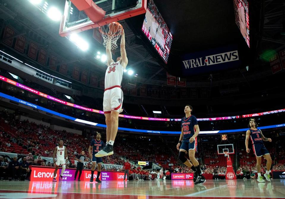 N.C. State’s Ben Middlebrooks slams in two during the first half of the Wolfpack’s game against Detroit on Saturday, Dec. 23, 2023, at PNC Arena in Raleigh, N.C.