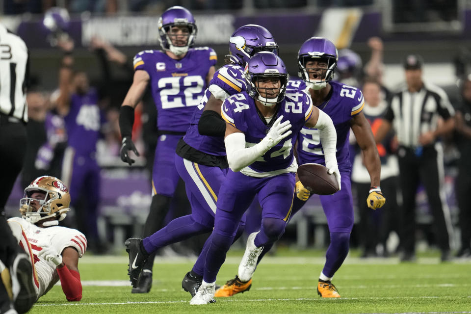 Minnesota Vikings safety Camryn Bynum (24) celebrates after intercepting a pass during the second half of an NFL football game against the San Francisco 49ers, Monday, Oct. 23, 2023, in Minneapolis. (AP Photo/Abbie Parr)