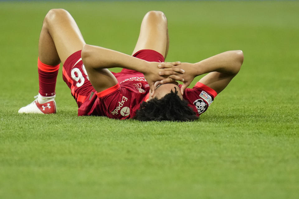 Liverpool's Trent Alexander-Arnold reacts at the end of the Champions League final soccer match between Liverpool and Real Madrid at the Stade de France in Saint Denis near Paris, Saturday, May 28, 2022. Real Madrid defeated Liverpool 1-0. (AP Photo/Manu Fernandez)