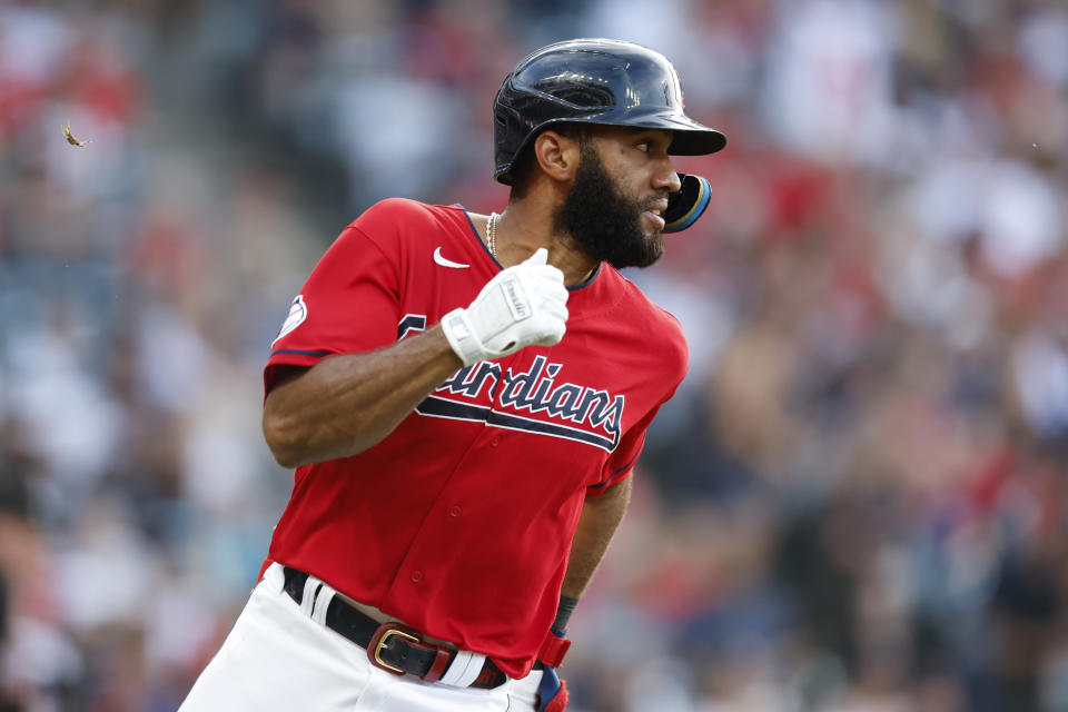 Cleveland Guardians' Amed Rosario runs the bases after hitting a solo home run off Houston Astros starting pitcher Framber Valdez during the first inning of a baseball game Friday, Aug. 5, 2022, in Cleveland. (AP Photo/Ron Schwane)