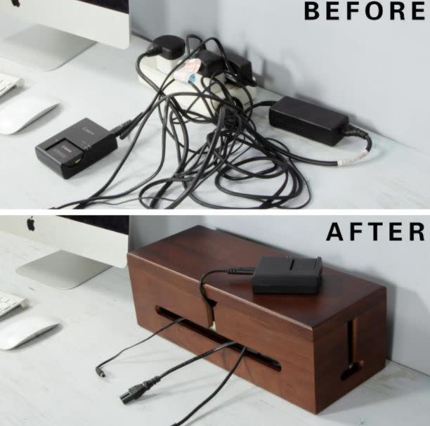 This wooden box can sit on your desk or be mounted to the wall to keep your cords and power strips organized. Find it for $36 on <a href="https://fave.co/3hrPC0E" target="_blank" rel="noopener noreferrer">Etsy</a>.