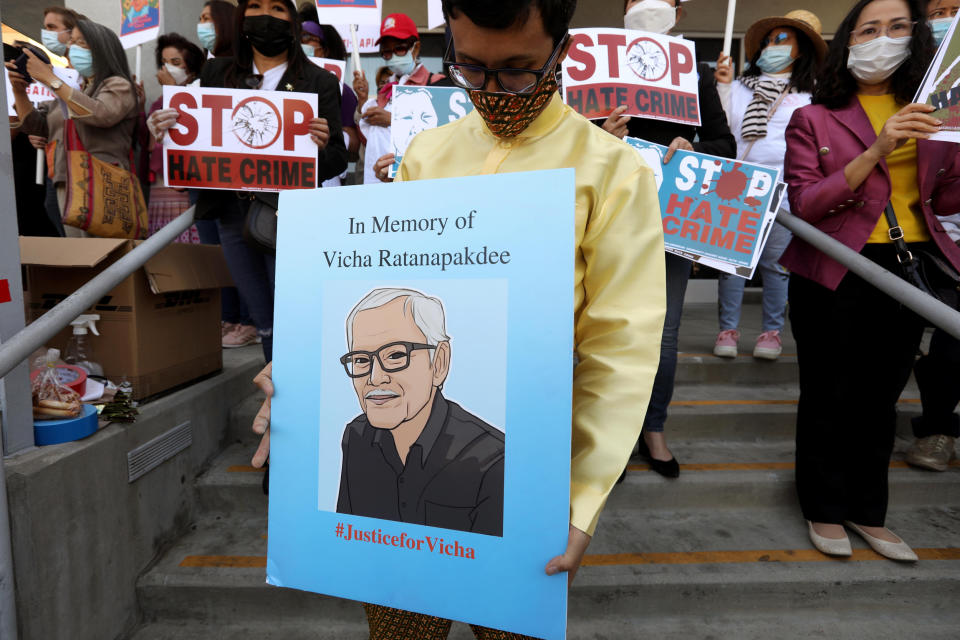 Thai Town community protest against anti-Asian violence - during the Coronavirus pandemic. (Genaro Molina / Los Angeles Times via Getty Images)