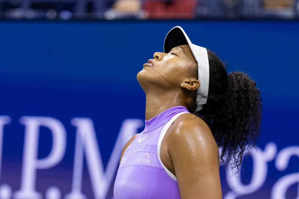 Japan's Naomi Osaka gestures after a point during her 2022 US Open Tennis tournament women's singles first round match against USA's Danielle Collins at the USTA Billie Jean King National Tennis Center in New York, on August 30, 2022. (Photo by COREY SIPKIN / AFP) (Photo by COREY SIPKIN/AFP via Getty Images)