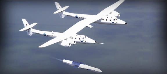 A concept illustration shows Virgin Galactic's LauncherOne rocket deploying beneath the WhiteKnightTwo mothership. Image released July 10, 2012.