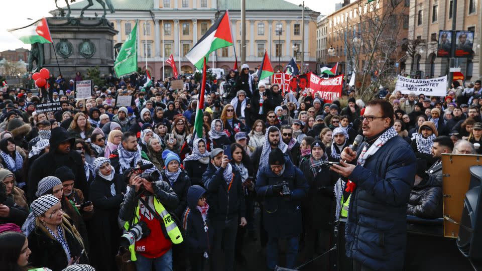 Pro-Palestinian demonstrators in Stockholm, Sweden's capital, demand Israel's exclusion from Eurovision. - Fredrik Persson/TT News Agency/AFP/Getty Images