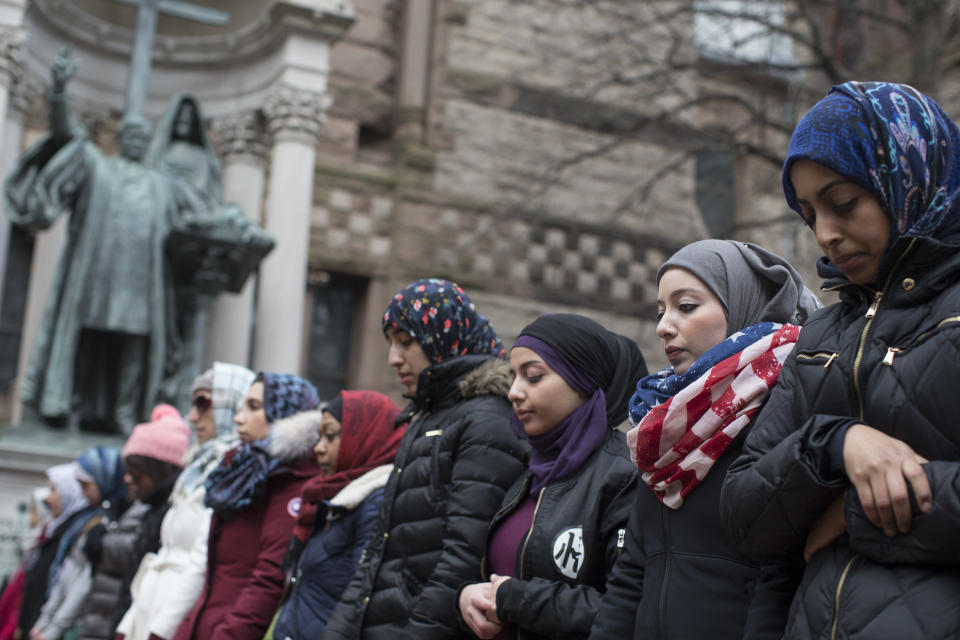 Muslim women pray during a protest in Copley Square in Boston on Jan. 29, 2017. Thousands gathered to protest President Donald Trump's executive order banning people from several predominantly Muslim countries from entering the country.&nbsp;