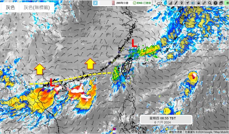 吳聖宇表示，今天（6日）鋒面仍在向北調整的過程，同時台灣北方海面也存在一個較弱的低氣壓系統，因此台灣還是位在不穩定的低壓環境內。（圖／翻攝自吳聖宇臉書）