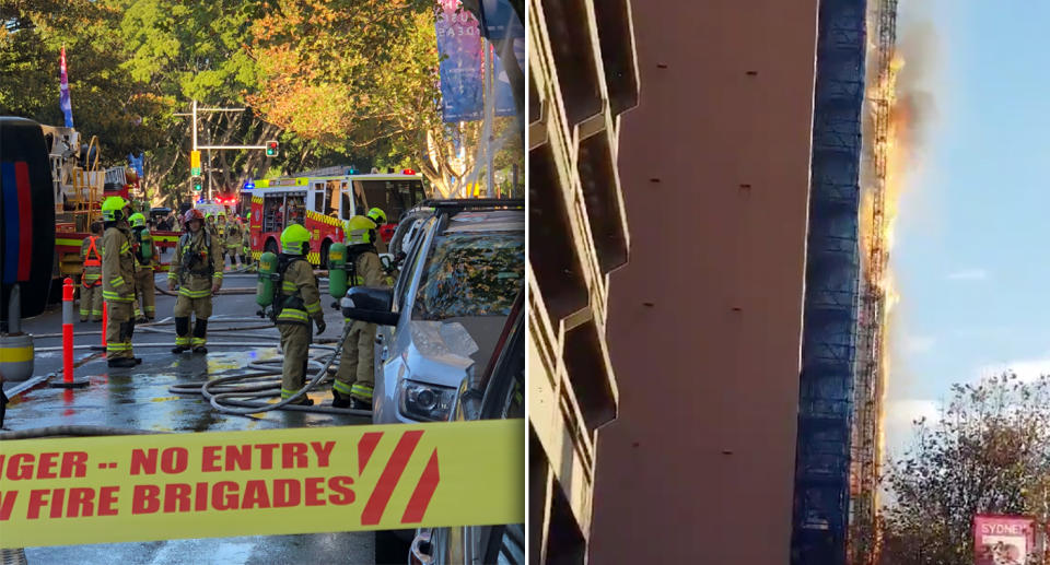 Left: Firefighters on the scene. Source: Samuel Hussey. RIGHT: The blaze climbed up scaffolding at the front of the building. Source: Twitter/OnABloodbuzz