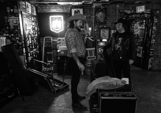 Dawn (left) and Andrew Gaultier talk together after a show at The Basement in Nashville.