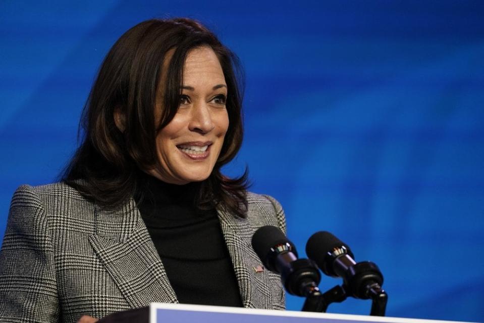 Vice President-elect Kamala Harris speaks during an event at The Queen theater, Saturday, Jan. 16, 2021, in Wilmington, Del. (AP Photo/Matt Slocum)