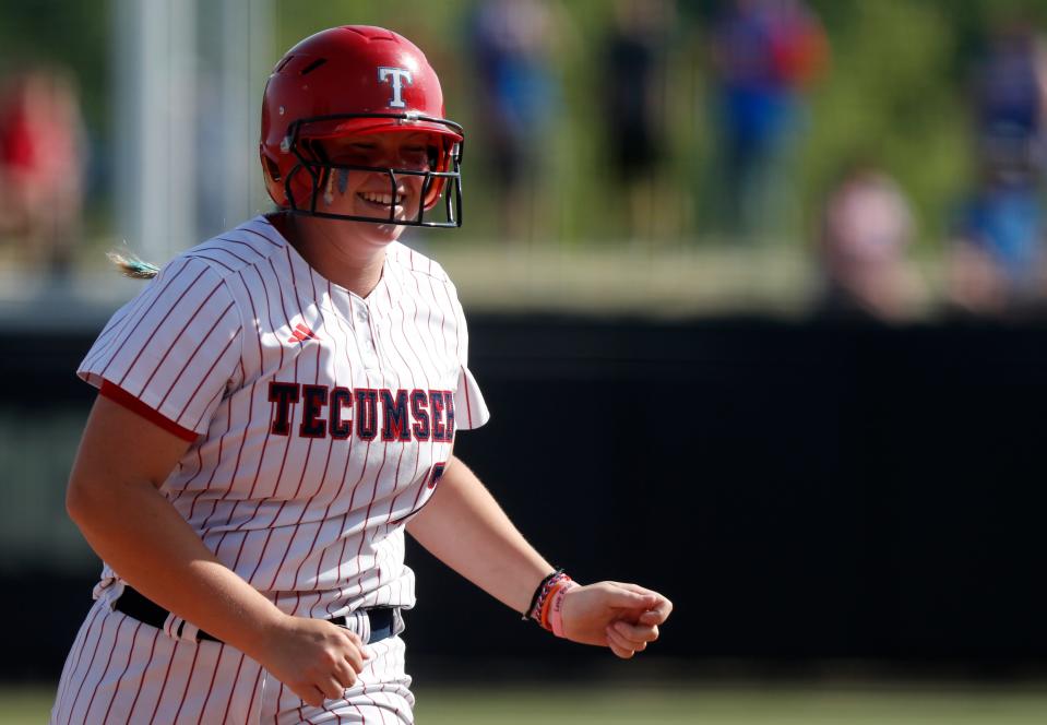 Tecumseh Braves Natalie Feather (7) rounds the bases after hitting a home run during the IHSAA Class 1A Softball State Final against the Caston Comets, Saturday, June 10, 2023, at Purdue University’s Bittinger Stadium in West Lafayette, Ind. Tecumseh won 6-0.