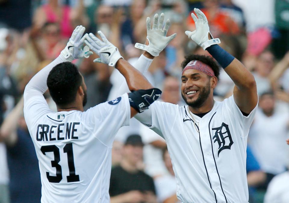 Victor Reyes, right, who hit a home run to tie the game against the Kansas City Royals in the ninth inning, celebrates with Riley Greene, who hit a walk-off home run in the ninth inning at Comerica Park in Detroit on Saturday, July 2, 2022.