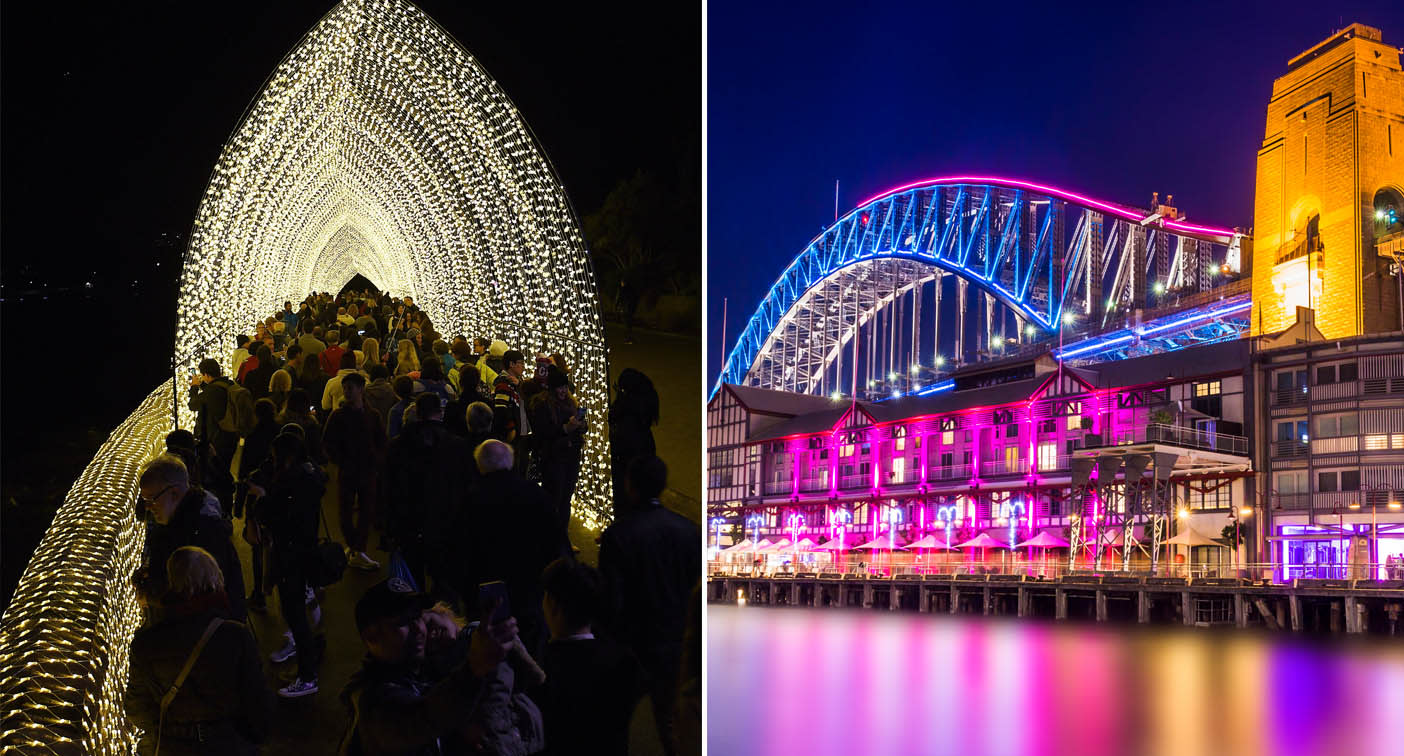 Lights in Royal Botanic Garden and on Harbour Bridge during Vivid Sydney. 