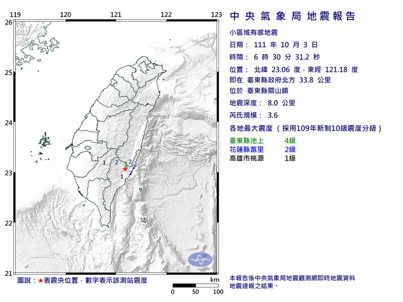 早上6點30分，發生芮氏規模3.6有感地震。（圖／中央氣象局）