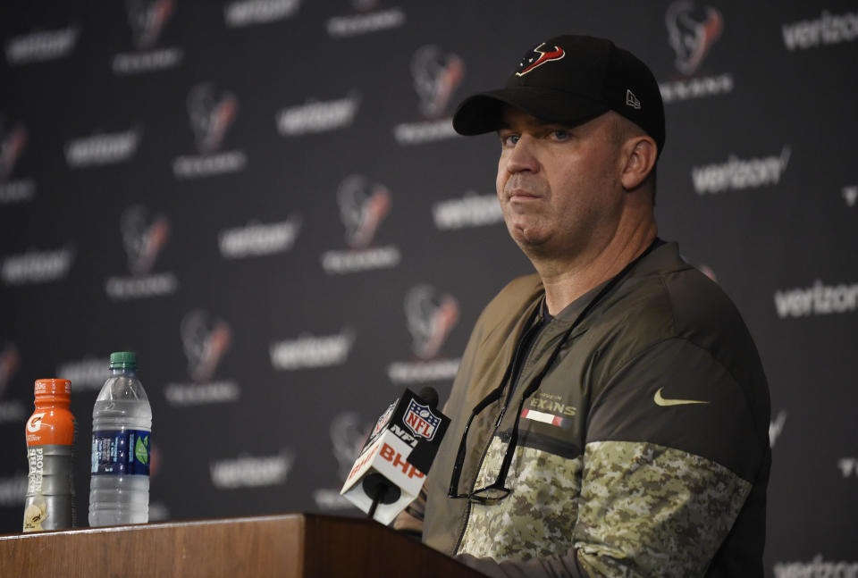 Houston Texans coach Bill O’Brien talks to the media on Sunday; on Monday, he was asked about his team signing Colin Kaepernick. (AP)