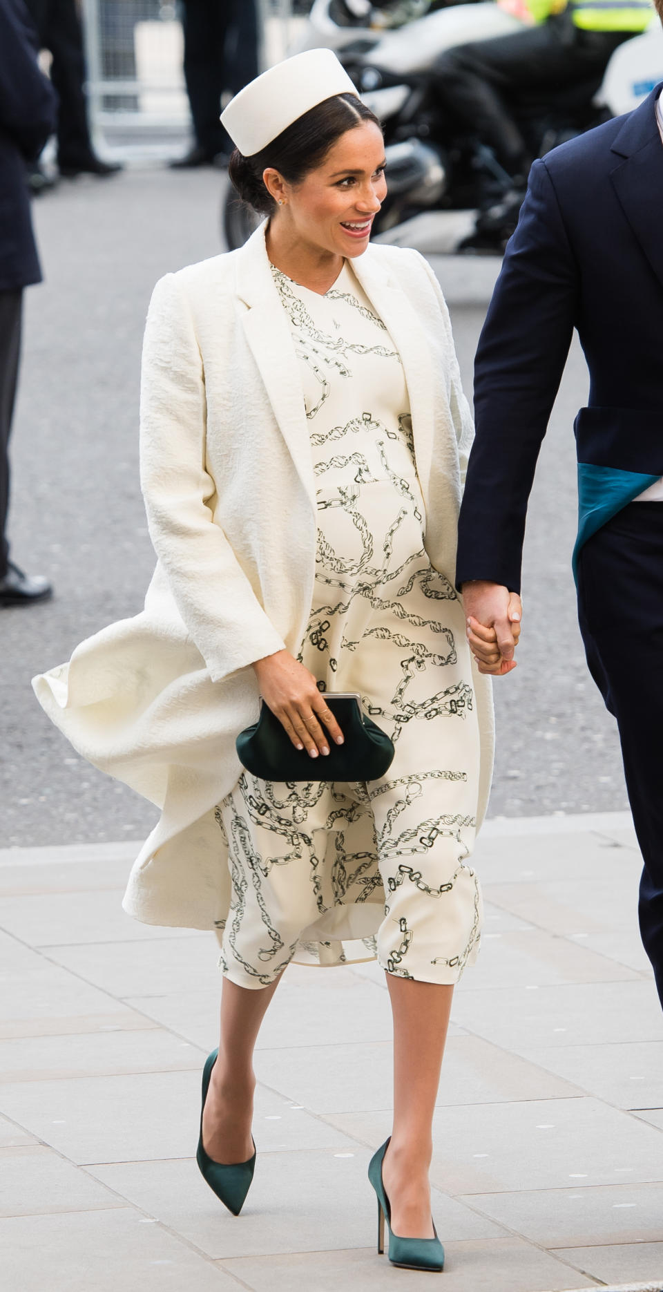 Markle wore all white, yet again, for Commonwealth Day 2019. However, this dress had some more detail. (Photo: Getty Images)