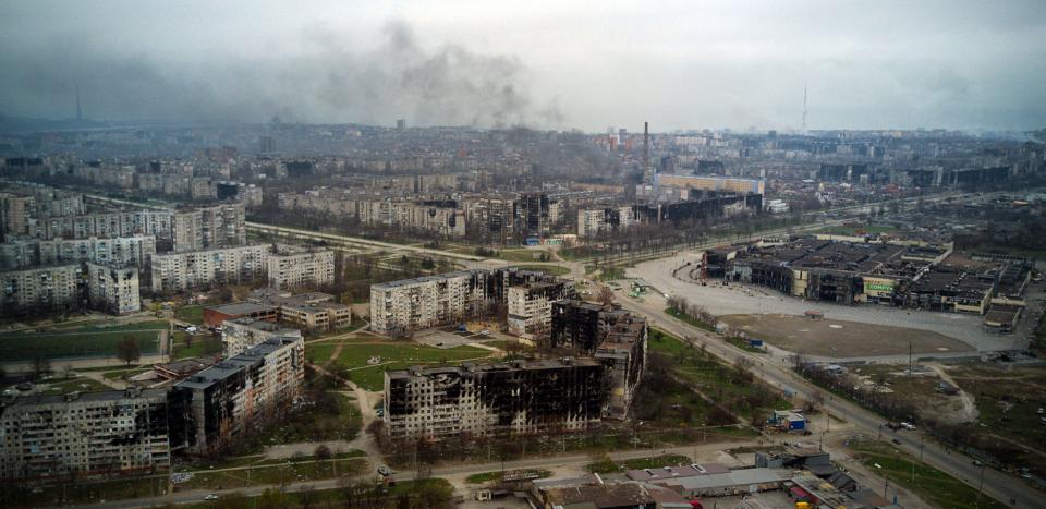 An aerial view of the city of Mariupol on April 12 during Russia’s military invasion of Ukraine. 