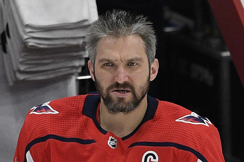 FILE - Washington Capitals left wing Alex Ovechkin is shown before an NHL hockey game against the Boston Bruins in Washington, in this Tuesday, May 11, 2021, file photo. Ovechkin re-signed with the Washington Capitals on the eve of free agency, Tuesday, July 27, 2021, inking a four-year deal worth $40 million.(AP Photo/Nick Wass, File)