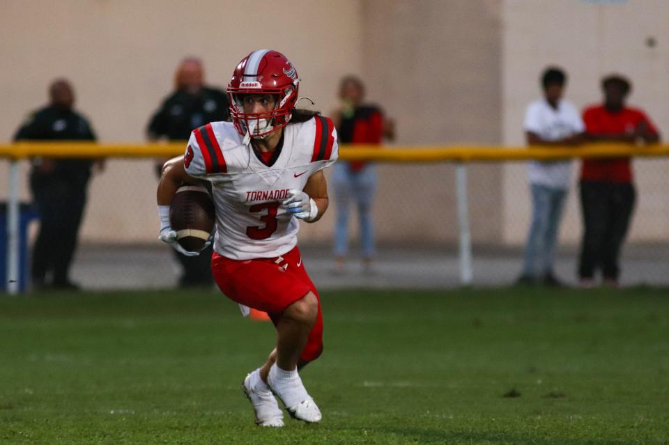 Bradford's Gavin Cook (3) runs with the ball during an away game against Eastside High School at Citizens Field in Gainesville, on Sept. 16, 2022.