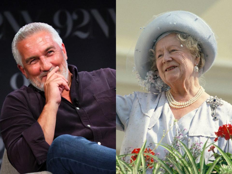 Side-by-side photos of Paul Hollywood and the Queen Mother.