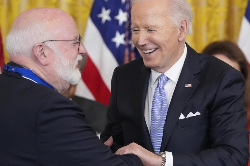 President Joe Biden awards the nation's highest civilian honor, the Presidential Medal of Freedom, to Gregory J. Boyle during a ceremony in the East Room of the White House, Friday, May 3, 2024, in Washington. (AP Photo/Alex Brandon)