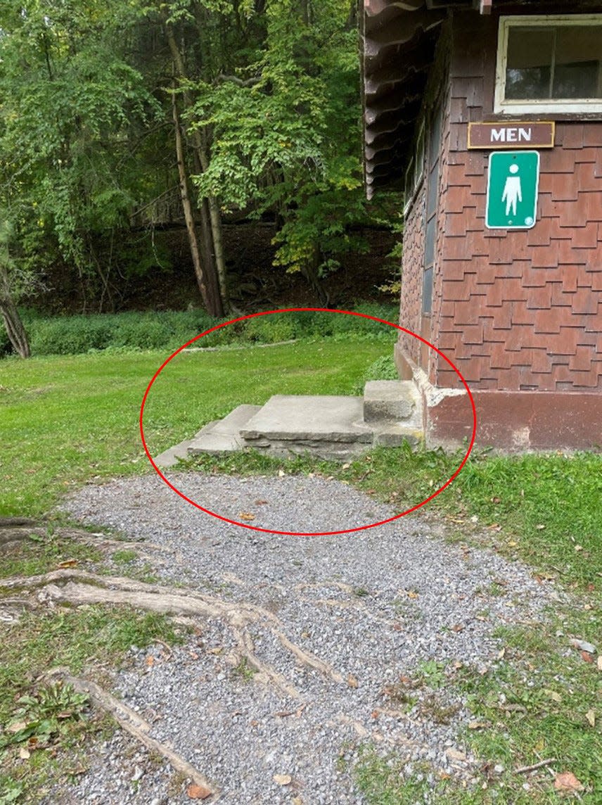 Shown is a photo taken by auditors of accessibility issues at a restroom in Letchworth State Park, as part of a review that uncovered widespread issues at parks statewide