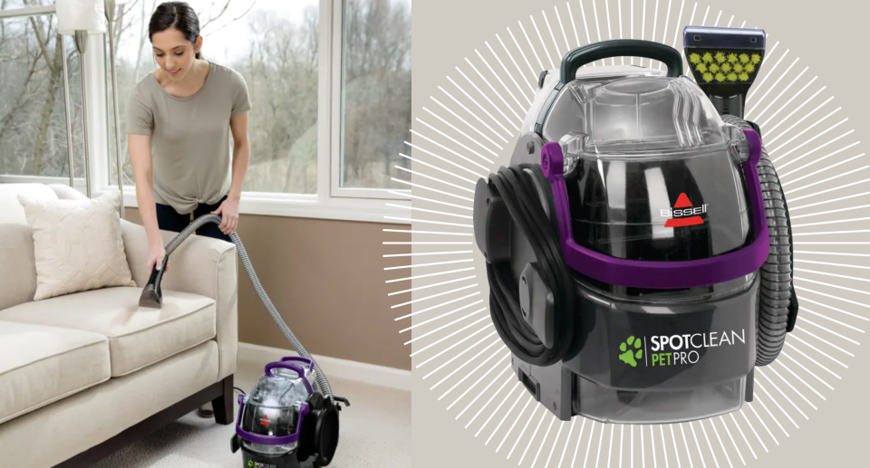 carpet cleaner, woman cleaning vacuuming sofa with BISSELL SpotClean PetPro Portable Carpet & Upholstery Deep Cleaner from canadian tire