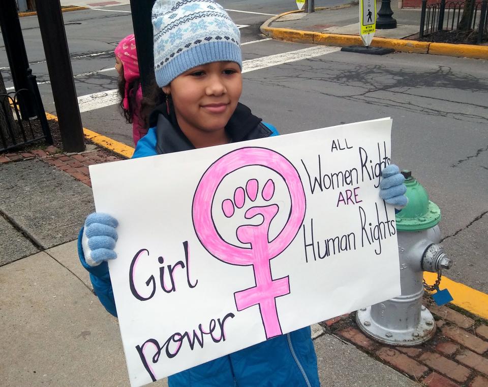 Norah McCabe, 10, of Stroudsburg attended the silent protest in Courthouse Sq. on Jan. 20, 2017 in support of her belief that all women should be able to decide when and when not to become a mother. She attended the protest with her 3 siblings and her mother, Erica McCabe, an organizer of the protest. (ASHLEY C. FONTONES/POCONO RECORD).